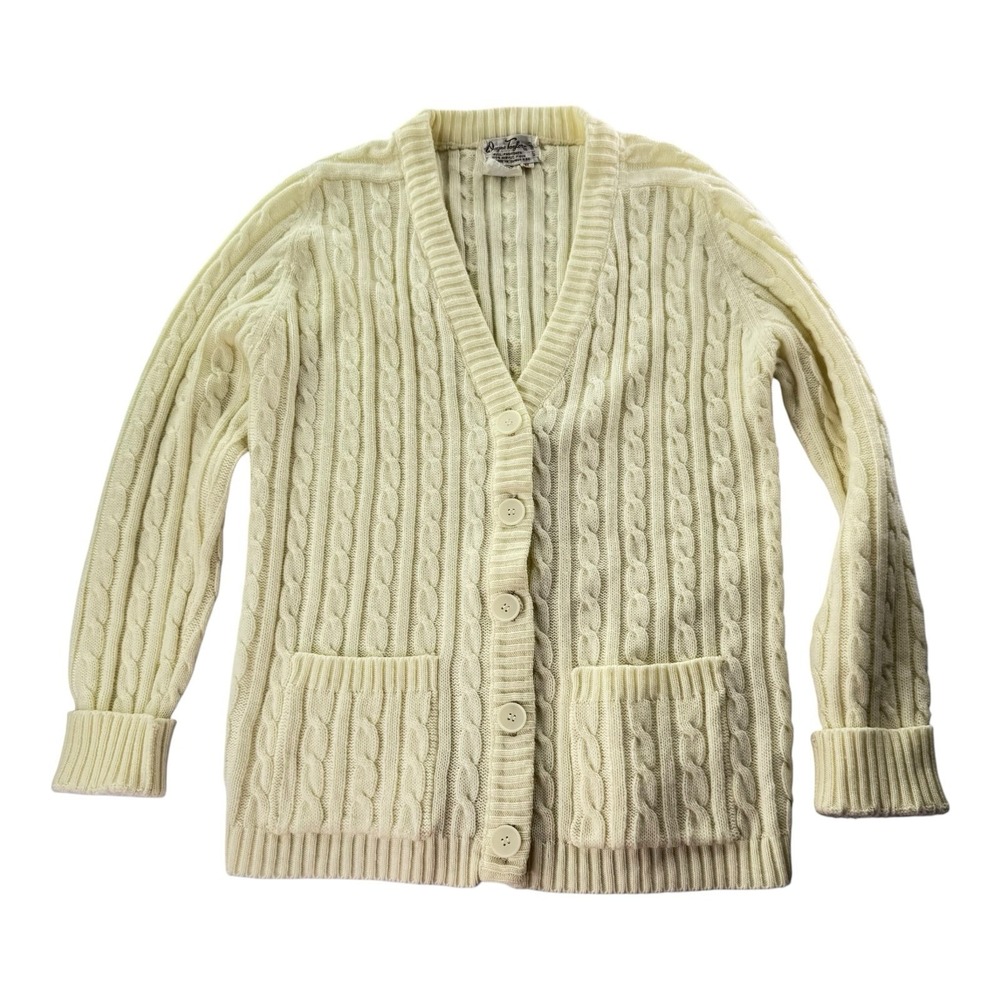 Vintage 70s Dayne Taylor Cable Knit Cardigan Sweater Cream Ivory Medium